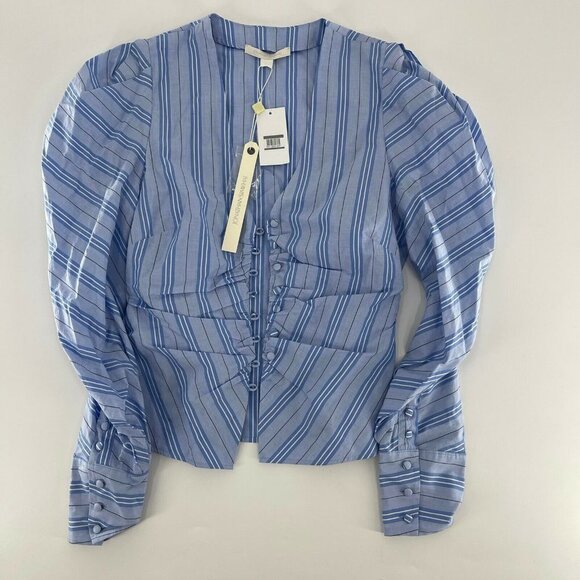 Jonathan Simkhai Ruched Oxford Front V-neck Stripe Cropped Shirt,Size 2 - Picture 2 of 4